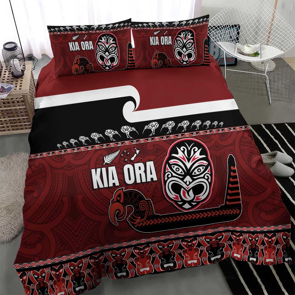 New Zealand Culture Bedding Set Kia Ora Aotearoa Moko Tattoo Mask with Waka and Maori Art Pattern LT03 - Polynesian Pride