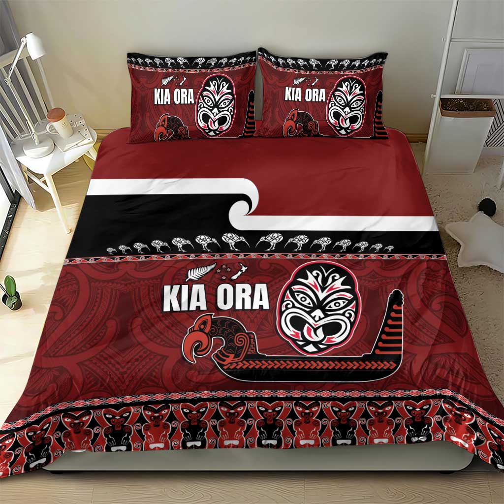New Zealand Culture Bedding Set Kia Ora Aotearoa Moko Tattoo Mask with Waka and Maori Art Pattern LT03 - Polynesian Pride