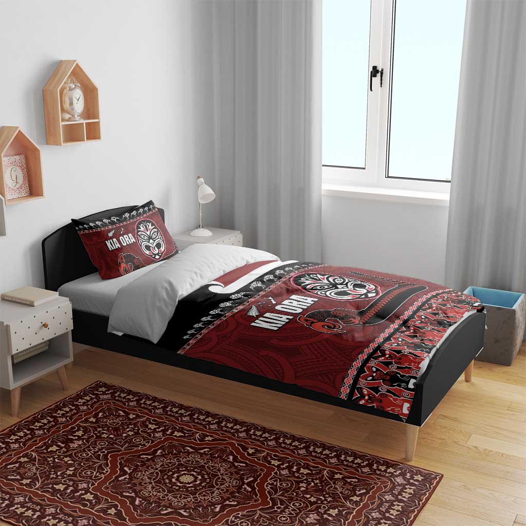 New Zealand Culture Bedding Set Kia Ora Aotearoa Moko Tattoo Mask with Waka and Maori Art Pattern LT03 - Polynesian Pride