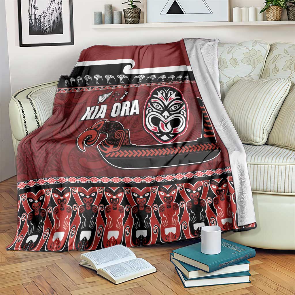 New Zealand Culture Blanket Kia Ora Aotearoa Moko Tattoo Mask with Waka and Maori Art Pattern LT03 Red - Polynesian Pride