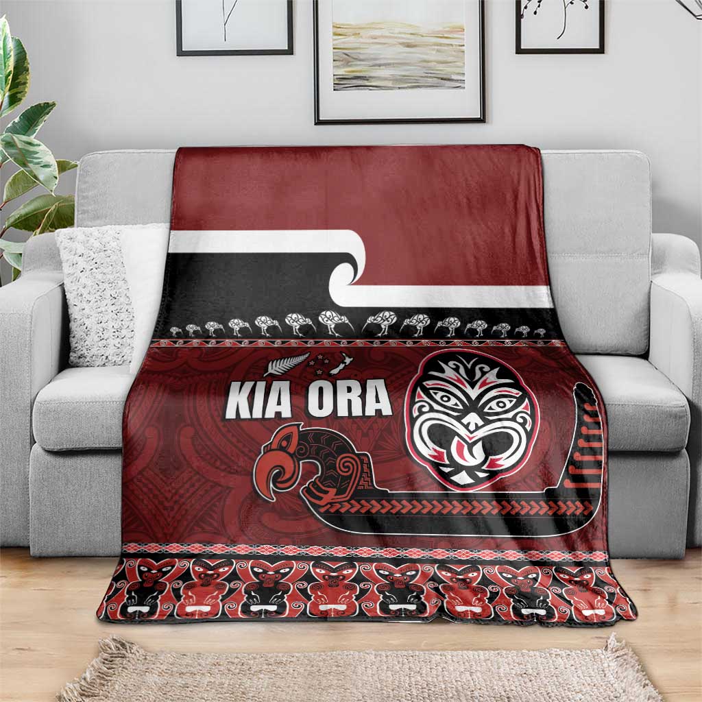 New Zealand Culture Blanket Kia Ora Aotearoa Moko Tattoo Mask with Waka and Maori Art Pattern LT03 - Polynesian Pride