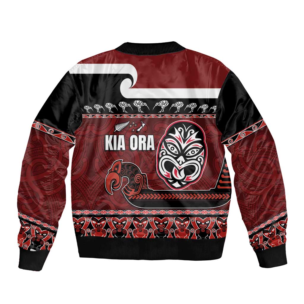 New Zealand Culture Bomber Jacket Kia Ora Aotearoa Moko Tattoo Mask with Waka and Maori Art Pattern LT03 - Polynesian Pride