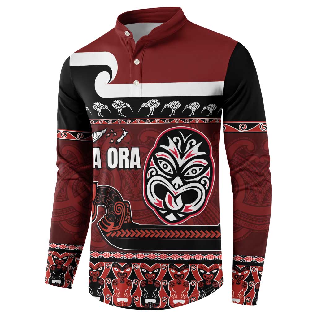 New Zealand Culture Button Sweatshirt Kia Ora Aotearoa Moko Tattoo Mask with Waka and Maori Art Pattern LT03 - Polynesian Pride