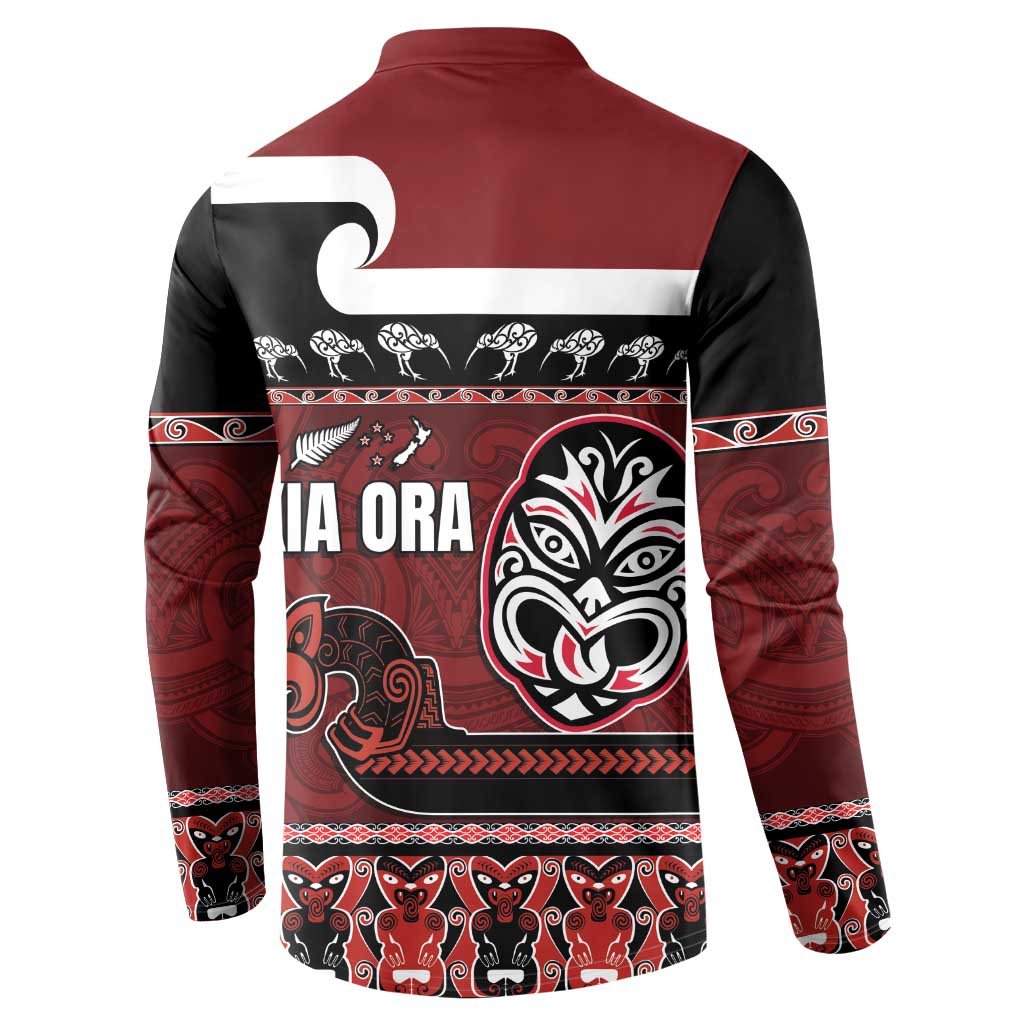 New Zealand Culture Button Sweatshirt Kia Ora Aotearoa Moko Tattoo Mask with Waka and Maori Art Pattern LT03 - Polynesian Pride