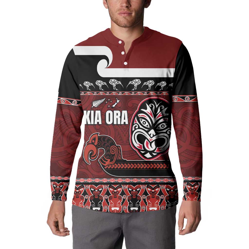 New Zealand Culture Button Sweatshirt Kia Ora Aotearoa Moko Tattoo Mask with Waka and Maori Art Pattern LT03 - Polynesian Pride