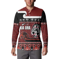 New Zealand Culture Button Sweatshirt Kia Ora Aotearoa Moko Tattoo Mask with Waka and Maori Art Pattern LT03 - Polynesian Pride