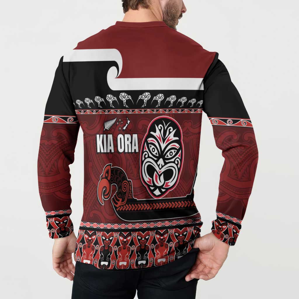 New Zealand Culture Button Sweatshirt Kia Ora Aotearoa Moko Tattoo Mask with Waka and Maori Art Pattern LT03 - Polynesian Pride