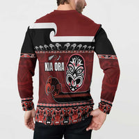 New Zealand Culture Button Sweatshirt Kia Ora Aotearoa Moko Tattoo Mask with Waka and Maori Art Pattern LT03 - Polynesian Pride