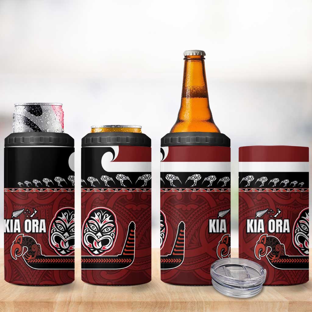 New Zealand Culture 4 in 1 Can Cooler Tumbler Kia Ora Aotearoa Moko Tattoo Mask with Waka and Maori Art Pattern LT03 - Polynesian Pride