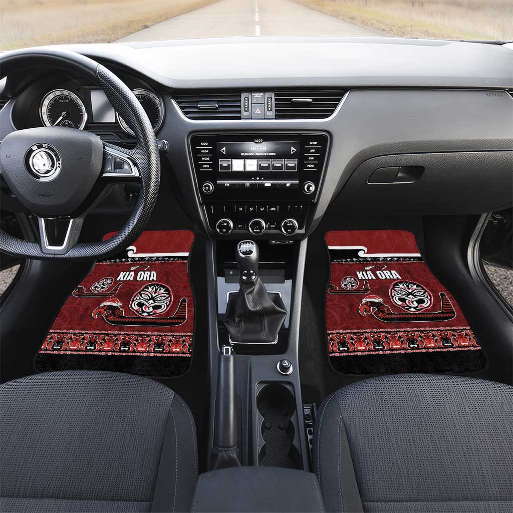 New Zealand Culture Car Mats Kia Ora Aotearoa Moko Tattoo Mask with Waka and Maori Art Pattern LT03 Set 2pcs - Front Red - Polynesian Pride