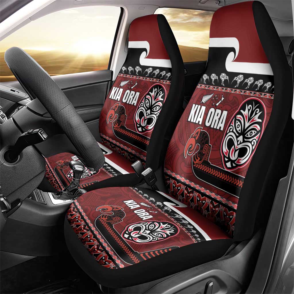 New Zealand Culture Car Seat Cover Kia Ora Aotearoa Moko Tattoo Mask with Waka and Maori Art Pattern LT03 - Polynesian Pride