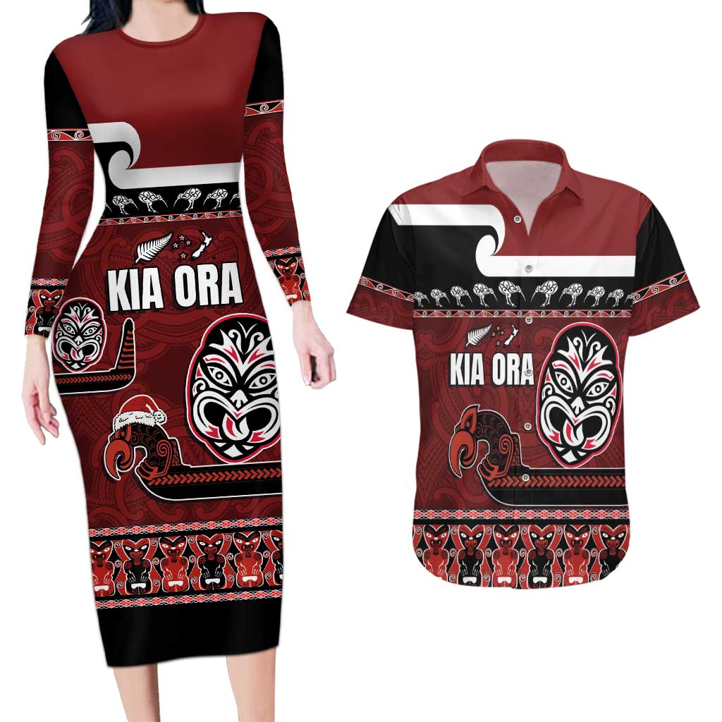 New Zealand Culture Couples Matching Long Sleeve Bodycon Dress and Hawaiian Shirt Kia Ora Aotearoa Moko Tattoo Mask with Waka and Maori Art Pattern LT03 Red - Polynesian Pride