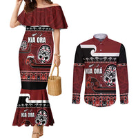 New Zealand Culture Couples Matching Mermaid Dress and Long Sleeve Button Shirt Kia Ora Aotearoa Moko Tattoo Mask with Waka and Maori Art Pattern LT03 Red - Polynesian Pride