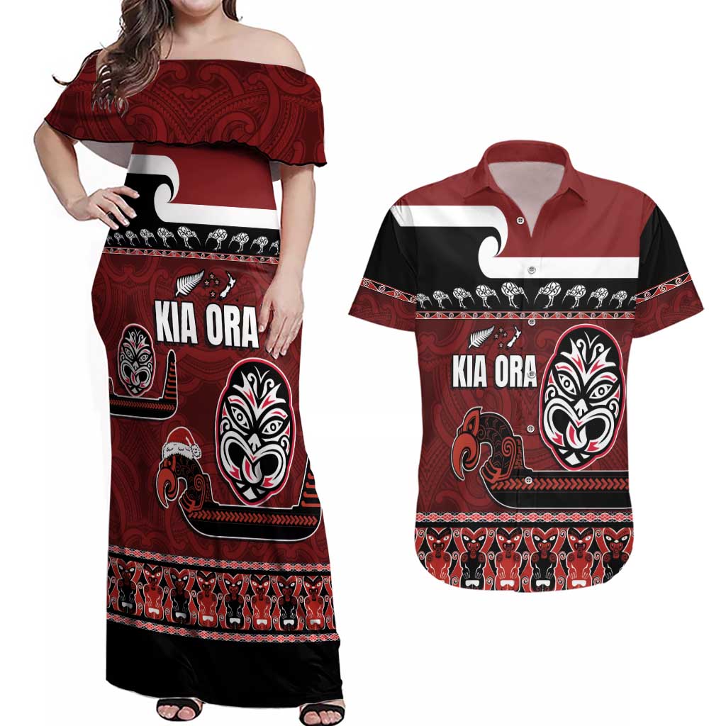 New Zealand Culture Couples Matching Off Shoulder Maxi Dress and Hawaiian Shirt Kia Ora Aotearoa Moko Tattoo Mask with Waka and Maori Art Pattern LT03 Red - Polynesian Pride
