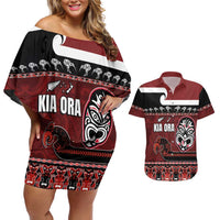 New Zealand Culture Couples Matching Off Shoulder Short Dress and Hawaiian Shirt Kia Ora Aotearoa Moko Tattoo Mask with Waka and Maori Art Pattern LT03 Red - Polynesian Pride