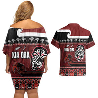 New Zealand Culture Couples Matching Off Shoulder Short Dress and Hawaiian Shirt Kia Ora Aotearoa Moko Tattoo Mask with Waka and Maori Art Pattern LT03 - Polynesian Pride