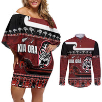 New Zealand Culture Couples Matching Off Shoulder Short Dress and Long Sleeve Button Shirt Kia Ora Aotearoa Moko Tattoo Mask with Waka and Maori Art Pattern LT03 Red - Polynesian Pride