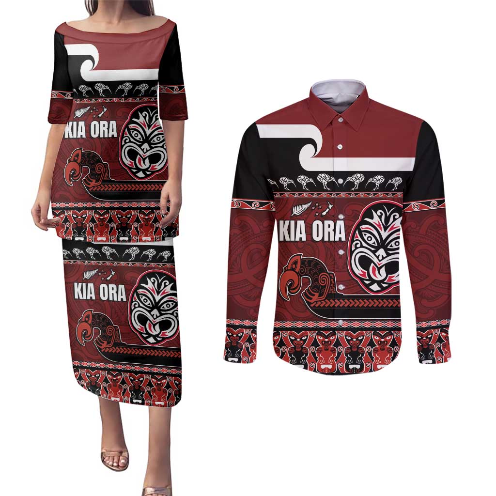 New Zealand Culture Couples Matching Puletasi and Long Sleeve Button Shirt Kia Ora Aotearoa Moko Tattoo Mask with Waka and Maori Art Pattern LT03 Red - Polynesian Pride