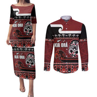 New Zealand Culture Couples Matching Puletasi and Long Sleeve Button Shirt Kia Ora Aotearoa Moko Tattoo Mask with Waka and Maori Art Pattern LT03 Red - Polynesian Pride