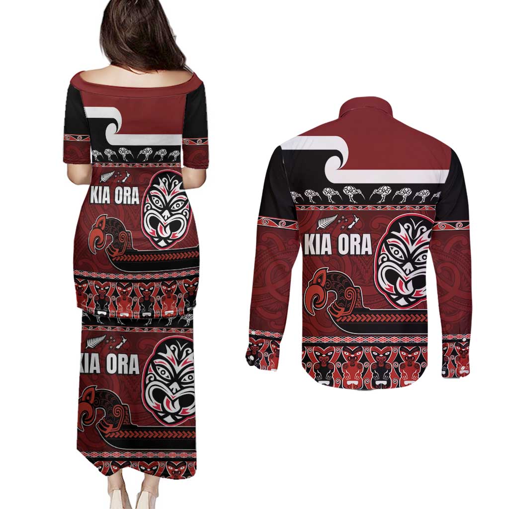New Zealand Culture Couples Matching Puletasi and Long Sleeve Button Shirt Kia Ora Aotearoa Moko Tattoo Mask with Waka and Maori Art Pattern LT03 - Polynesian Pride