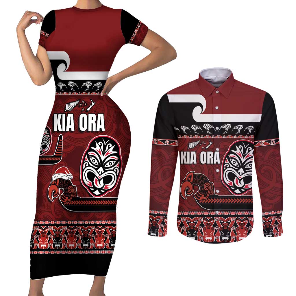 New Zealand Culture Couples Matching Short Sleeve Bodycon Dress and Long Sleeve Button Shirt Kia Ora Aotearoa Moko Tattoo Mask with Waka and Maori Art Pattern LT03 Red - Polynesian Pride