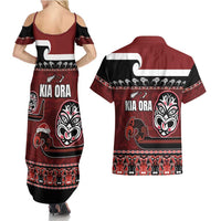 New Zealand Culture Couples Matching Summer Maxi Dress and Hawaiian Shirt Kia Ora Aotearoa Moko Tattoo Mask with Waka and Maori Art Pattern LT03 - Polynesian Pride