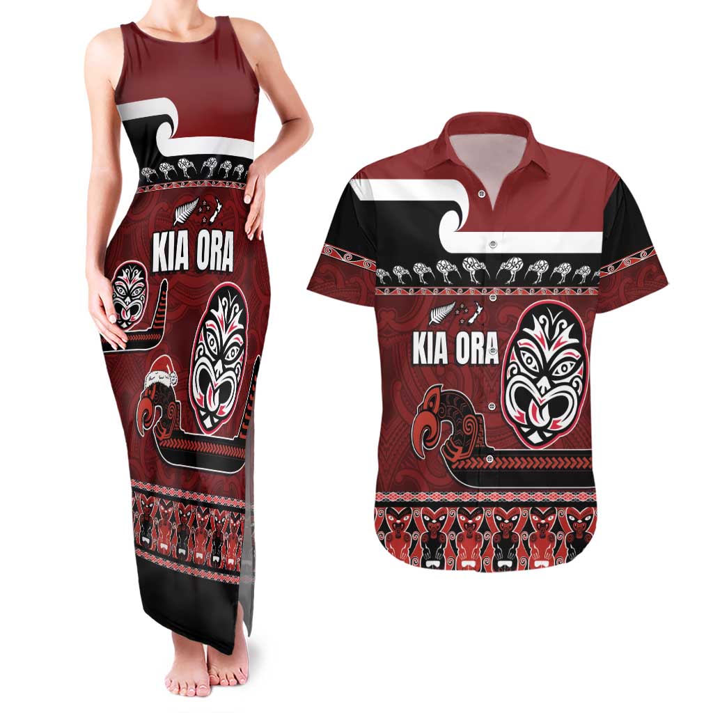 New Zealand Culture Couples Matching Tank Maxi Dress and Hawaiian Shirt Kia Ora Aotearoa Moko Tattoo Mask with Waka and Maori Art Pattern LT03 Red - Polynesian Pride