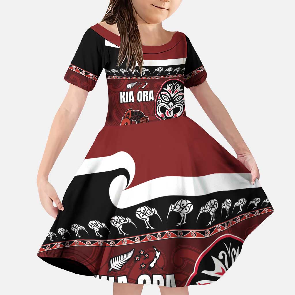 New Zealand Culture Family Matching Long Sleeve Bodycon Dress and Hawaiian Shirt Kia Ora Aotearoa Moko Tattoo Mask with Waka and Maori Art Pattern LT03 Daughter's Dress Red - Polynesian Pride