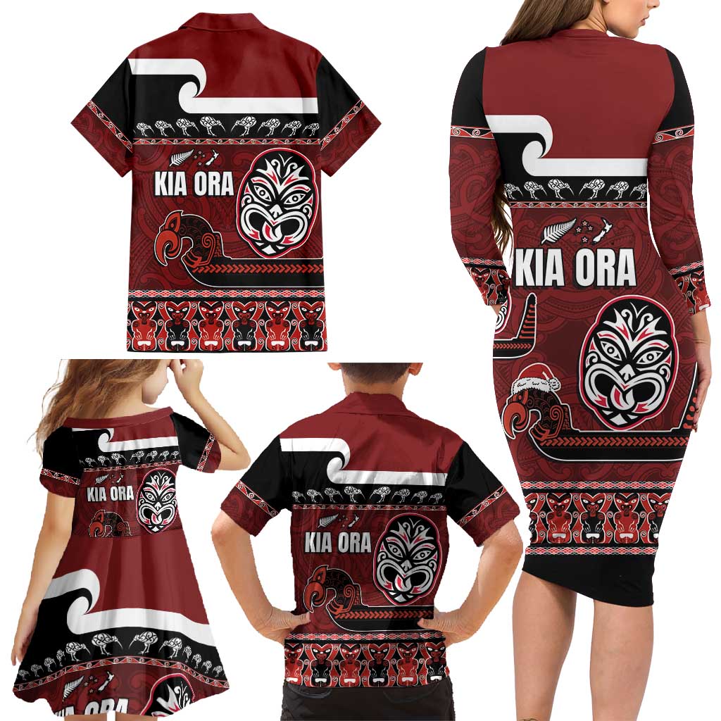 New Zealand Culture Family Matching Long Sleeve Bodycon Dress and Hawaiian Shirt Kia Ora Aotearoa Moko Tattoo Mask with Waka and Maori Art Pattern LT03 - Polynesian Pride