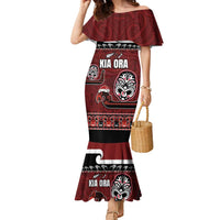 New Zealand Culture Family Matching Mermaid Dress and Hawaiian Shirt Kia Ora Aotearoa Moko Tattoo Mask with Waka and Maori Art Pattern LT03 Mom's Dress Red - Polynesian Pride