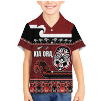 New Zealand Culture Family Matching Mermaid Dress and Hawaiian Shirt Kia Ora Aotearoa Moko Tattoo Mask with Waka and Maori Art Pattern LT03 Son's Shirt Red - Polynesian Pride