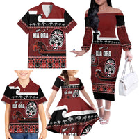 New Zealand Culture Family Matching Off The Shoulder Long Sleeve Dress and Hawaiian Shirt Kia Ora Aotearoa Moko Tattoo Mask with Waka and Maori Art Pattern LT03 - Polynesian Pride