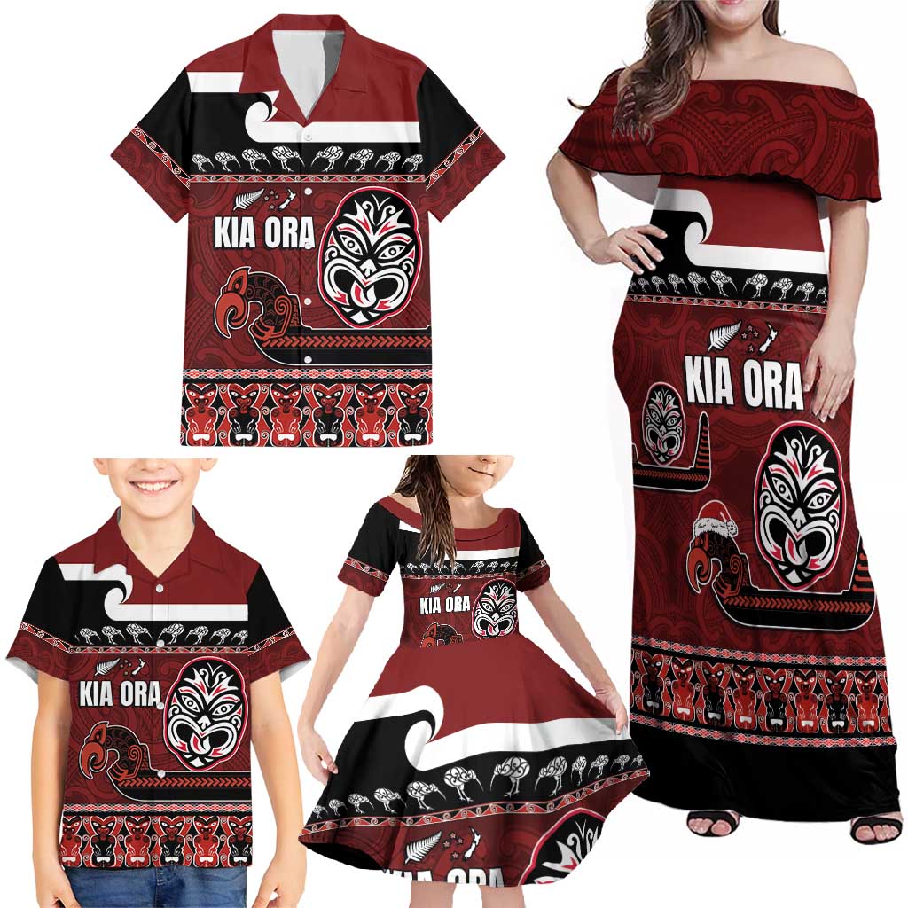 New Zealand Culture Family Matching Off Shoulder Maxi Dress and Hawaiian Shirt Kia Ora Aotearoa Moko Tattoo Mask with Waka and Maori Art Pattern LT03 - Polynesian Pride