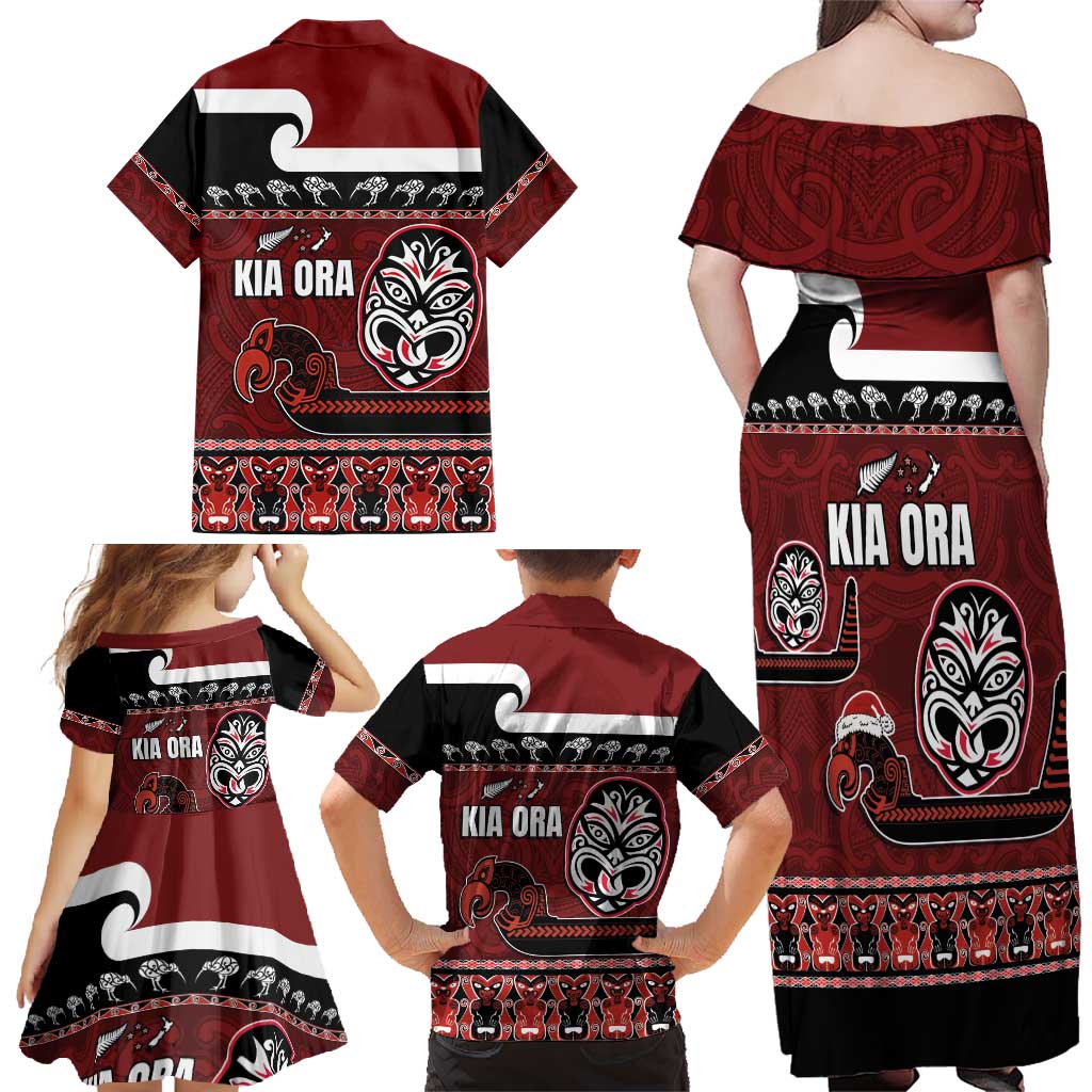 New Zealand Culture Family Matching Off Shoulder Maxi Dress and Hawaiian Shirt Kia Ora Aotearoa Moko Tattoo Mask with Waka and Maori Art Pattern LT03 - Polynesian Pride