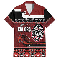 New Zealand Culture Family Matching Off Shoulder Maxi Dress and Hawaiian Shirt Kia Ora Aotearoa Moko Tattoo Mask with Waka and Maori Art Pattern LT03 Dad's Shirt - Short Sleeve Red - Polynesian Pride
