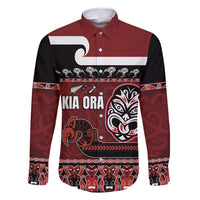 New Zealand Culture Family Matching Off Shoulder Maxi Dress and Hawaiian Shirt Kia Ora Aotearoa Moko Tattoo Mask with Waka and Maori Art Pattern LT03 Dad's Shirt - Long Sleeve Red - Polynesian Pride