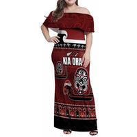 New Zealand Culture Family Matching Off Shoulder Maxi Dress and Hawaiian Shirt Kia Ora Aotearoa Moko Tattoo Mask with Waka and Maori Art Pattern LT03 Mom's Dress Red - Polynesian Pride