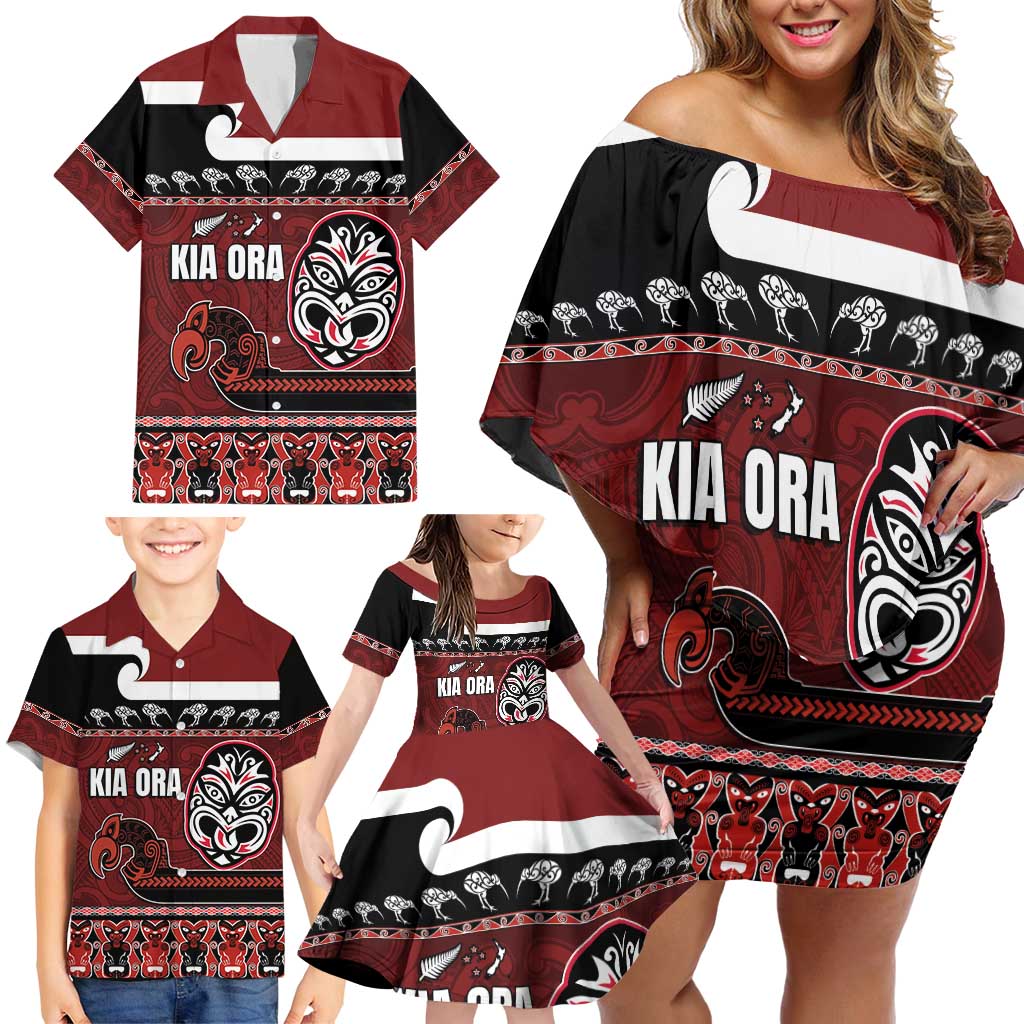 New Zealand Culture Family Matching Off Shoulder Short Dress and Hawaiian Shirt Kia Ora Aotearoa Moko Tattoo Mask with Waka and Maori Art Pattern LT03 - Polynesian Pride