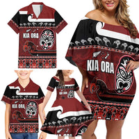 New Zealand Culture Family Matching Off Shoulder Short Dress and Hawaiian Shirt Kia Ora Aotearoa Moko Tattoo Mask with Waka and Maori Art Pattern LT03 - Polynesian Pride