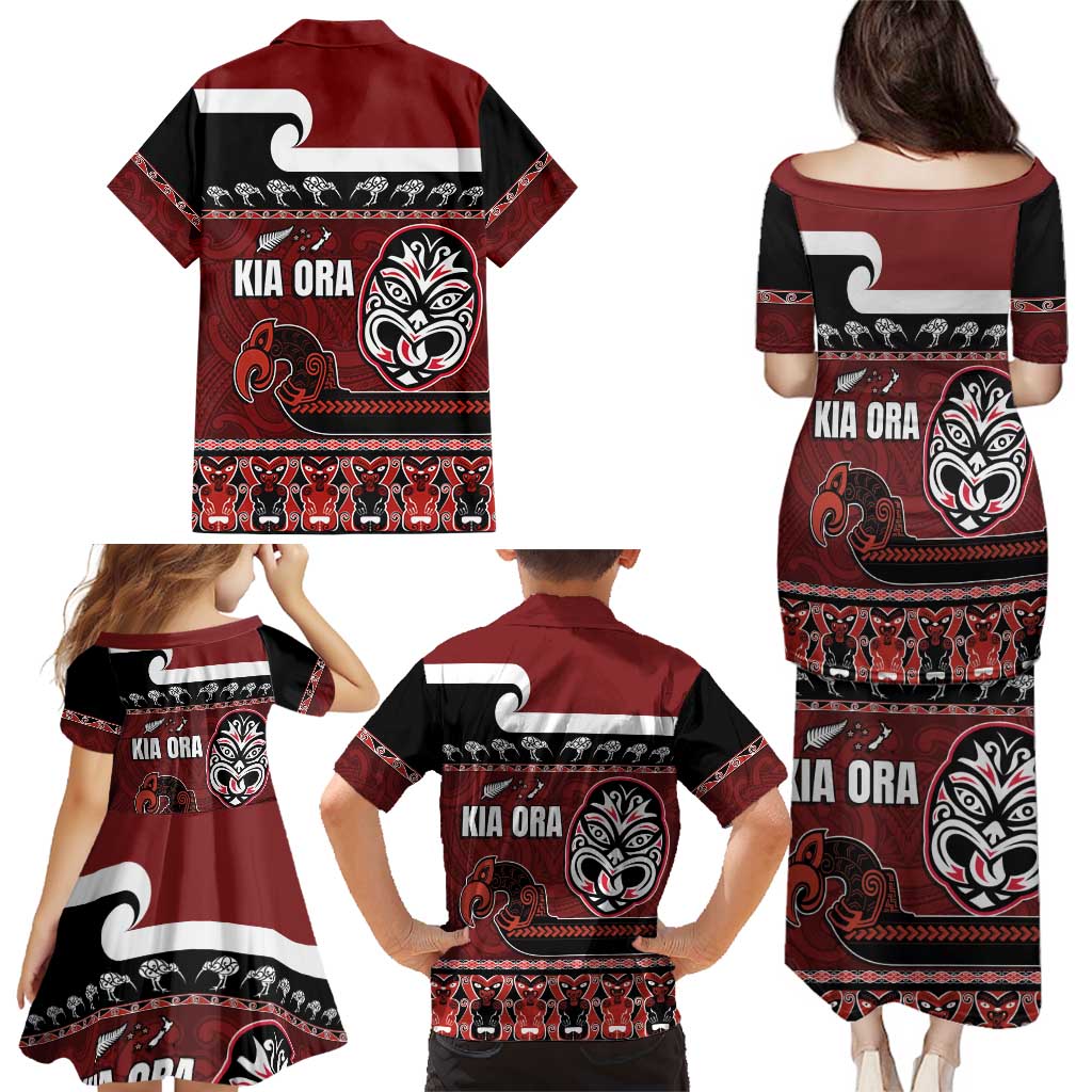 New Zealand Culture Family Matching Puletasi and Hawaiian Shirt Kia Ora Aotearoa Moko Tattoo Mask with Waka and Maori Art Pattern LT03 - Polynesian Pride