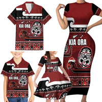 New Zealand Culture Family Matching Short Sleeve Bodycon Dress and Hawaiian Shirt Kia Ora Aotearoa Moko Tattoo Mask with Waka and Maori Art Pattern LT03 - Polynesian Pride