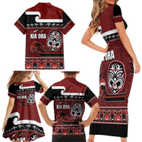 New Zealand Culture Family Matching Short Sleeve Bodycon Dress and Hawaiian Shirt Kia Ora Aotearoa Moko Tattoo Mask with Waka and Maori Art Pattern LT03 - Polynesian Pride