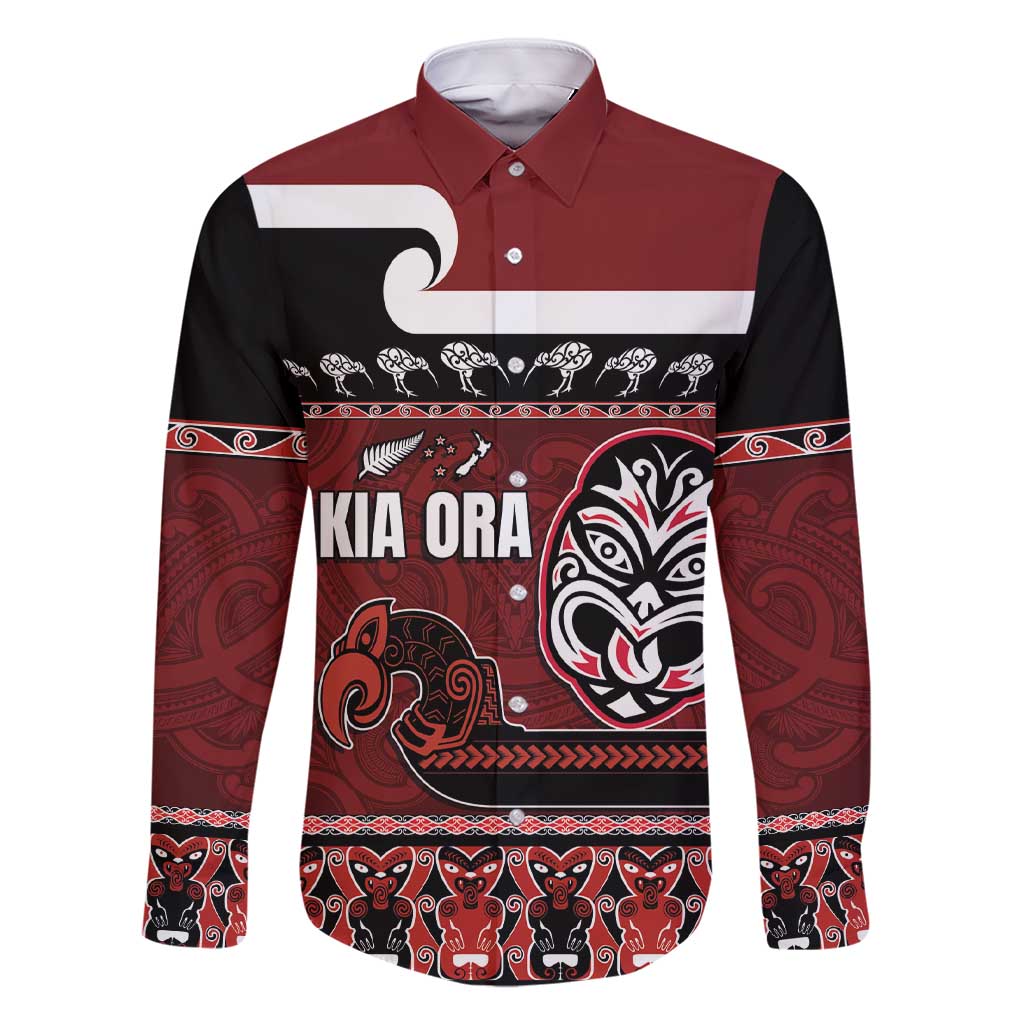 New Zealand Culture Family Matching Short Sleeve Bodycon Dress and Hawaiian Shirt Kia Ora Aotearoa Moko Tattoo Mask with Waka and Maori Art Pattern LT03 Dad's Shirt - Long Sleeve Red - Polynesian Pride