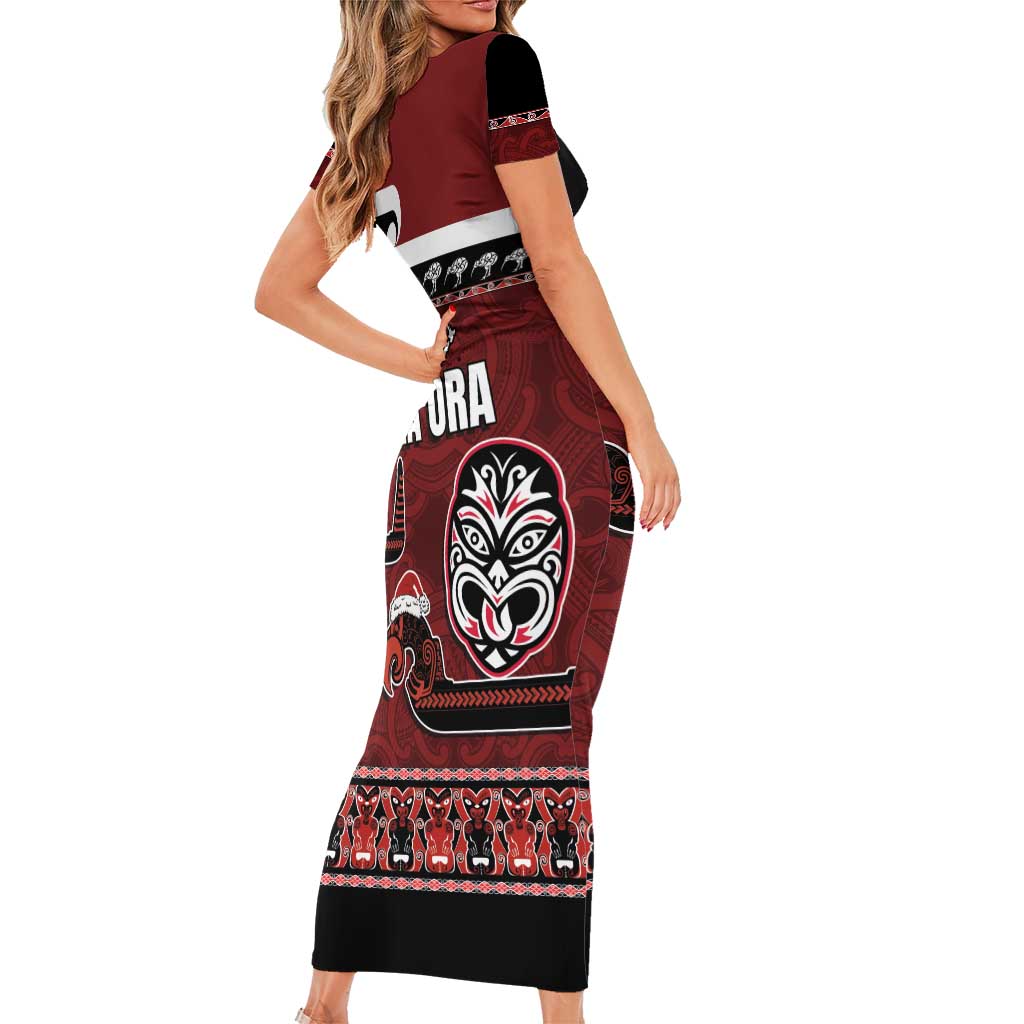 New Zealand Culture Family Matching Short Sleeve Bodycon Dress and Hawaiian Shirt Kia Ora Aotearoa Moko Tattoo Mask with Waka and Maori Art Pattern LT03 - Polynesian Pride