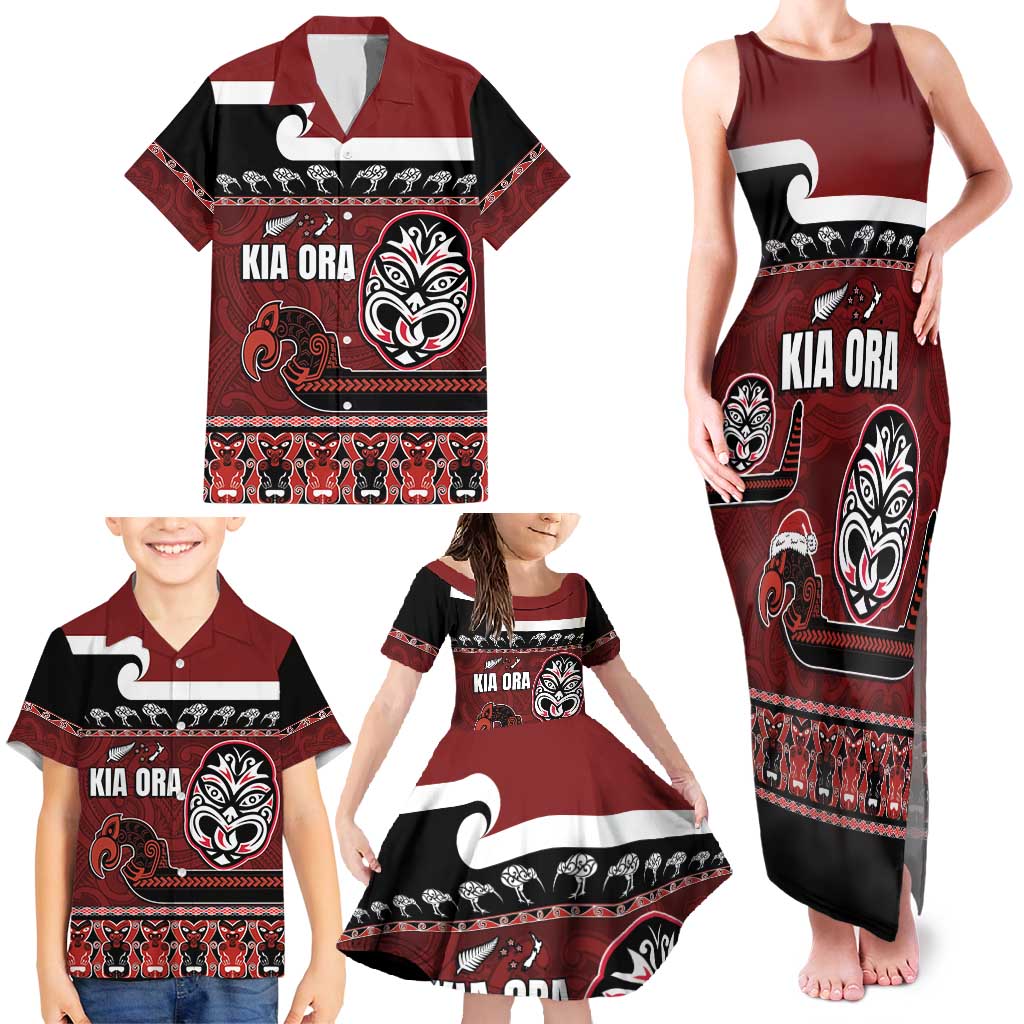 New Zealand Culture Family Matching Tank Maxi Dress and Hawaiian Shirt Kia Ora Aotearoa Moko Tattoo Mask with Waka and Maori Art Pattern LT03 - Polynesian Pride