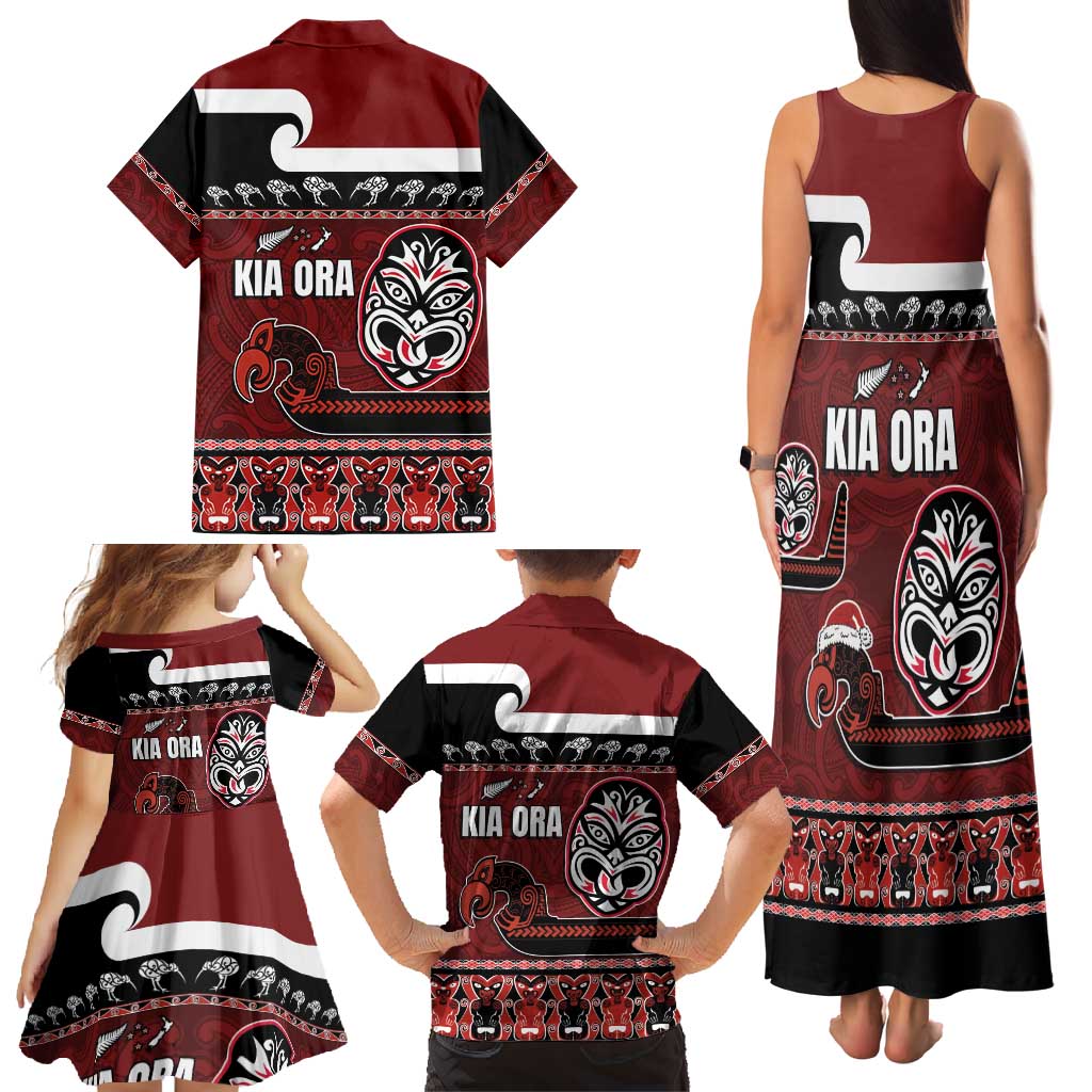 New Zealand Culture Family Matching Tank Maxi Dress and Hawaiian Shirt Kia Ora Aotearoa Moko Tattoo Mask with Waka and Maori Art Pattern LT03 - Polynesian Pride