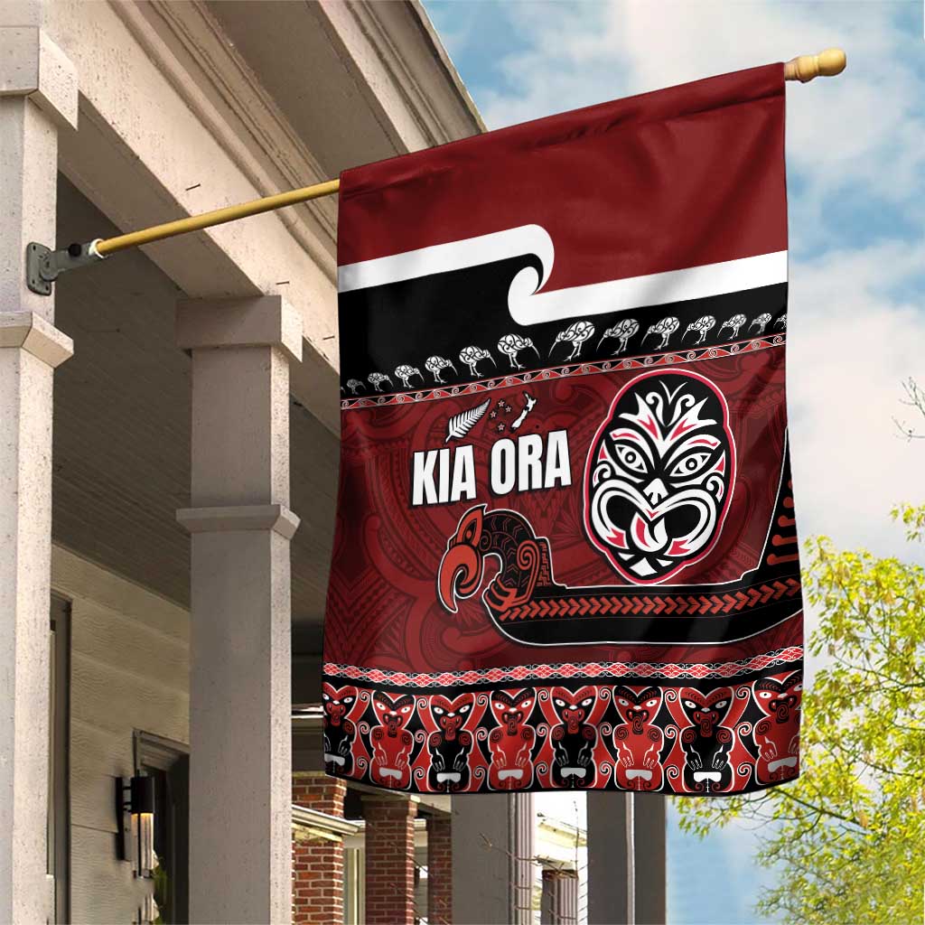 New Zealand Culture Garden Flag Kia Ora Aotearoa Moko Tattoo Mask with Waka and Maori Art Pattern LT03 House Flag Red - Polynesian Pride