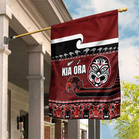 New Zealand Culture Garden Flag Kia Ora Aotearoa Moko Tattoo Mask with Waka and Maori Art Pattern LT03 House Flag Red - Polynesian Pride