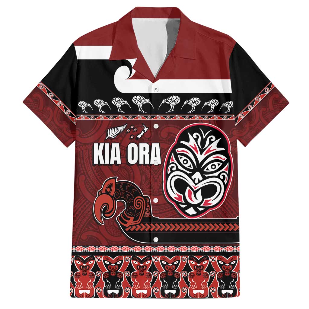 New Zealand Culture Hawaiian Shirt Kia Ora Aotearoa Moko Tattoo Mask with Waka and Maori Art Pattern LT03 Red - Polynesian Pride