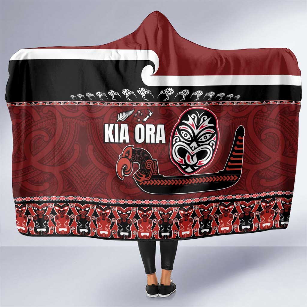 New Zealand Culture Hooded Blanket Kia Ora Aotearoa Moko Tattoo Mask with Waka and Maori Art Pattern LT03 One Size Red - Polynesian Pride